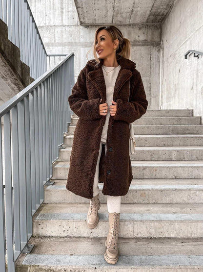 Women's Teddy Coat Button Front Fleece Lapel Long Sleeve