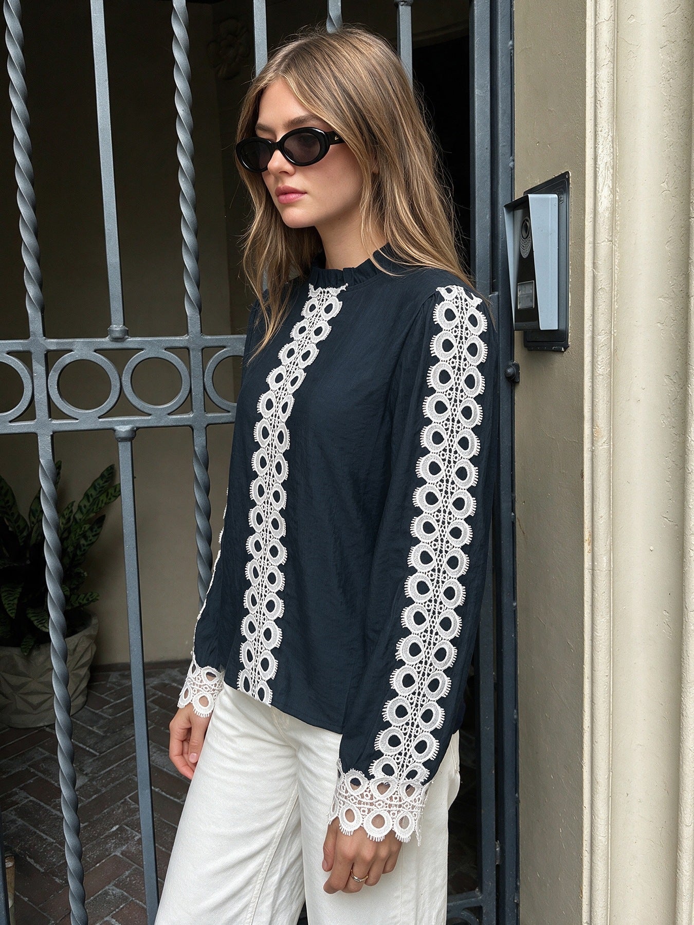 Navy Crochet Lace Long Sleeve Button Up Blouse