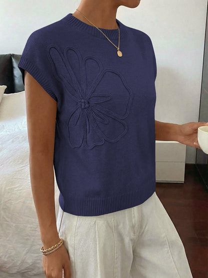 Floral Knit Sweater Short Sleeve Textured Summer Top