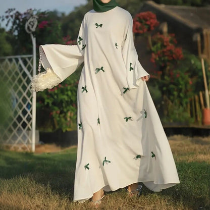 Modest White Maxi Dress Bow Details Flare Sleeves