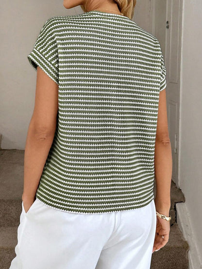 Striped Knit Sweater Crew Neck Short Sleeve Top