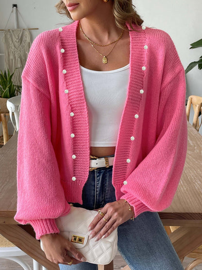 Women's Short Pearl Bead Cardigan Loose Buttonless Knitted Sweater