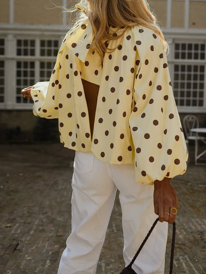 Yellow Polka Dot Puff Sleeve Open Back Blouse