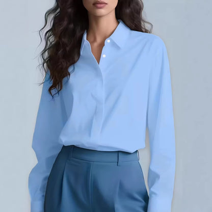 Women's Collared Work Blouse Long Sleeve Hidden Button