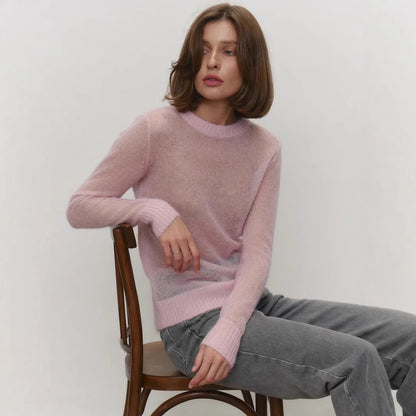 Sheer Crew Neck Lightweight Knit Pullover Sweater