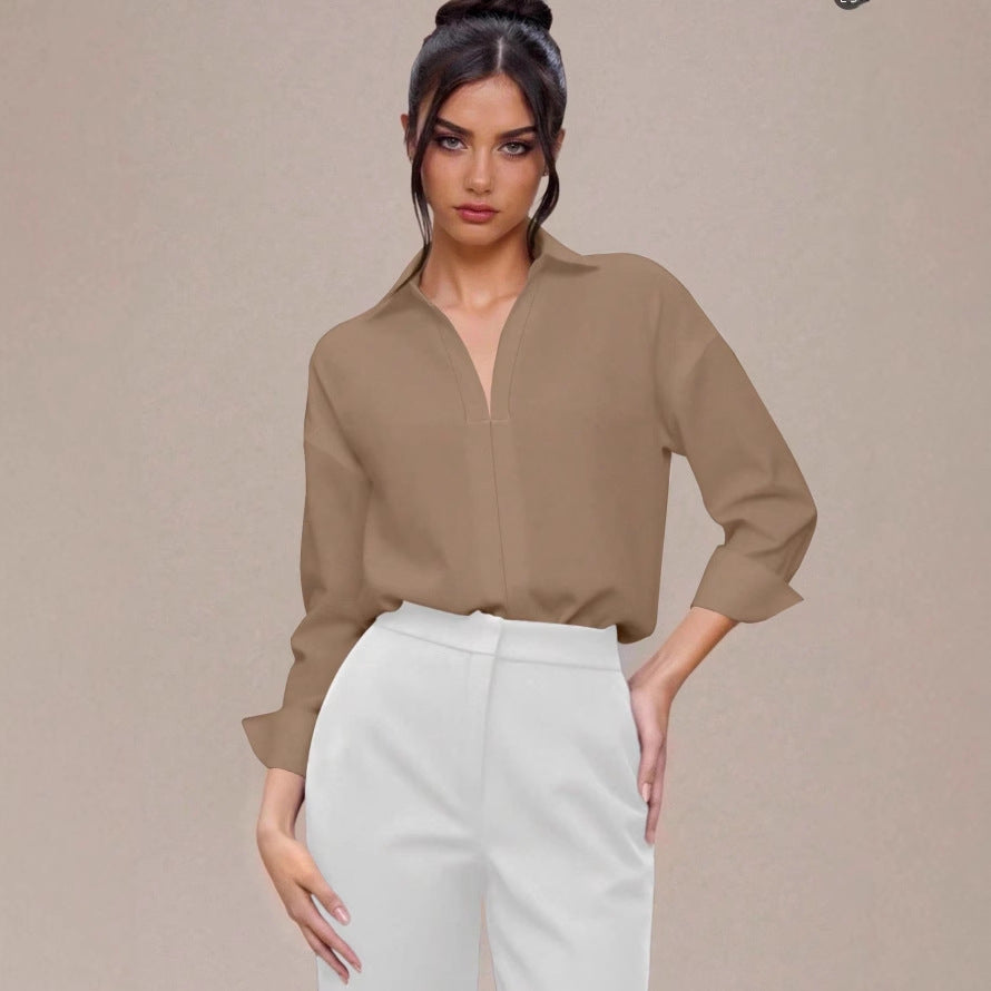 Women's V Neck Collared Business Casual Blouse Long Sleeve