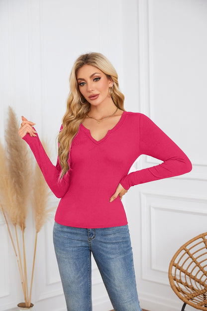 Ribbed Deep V Neck Slim Fit Long Sleeve Tee