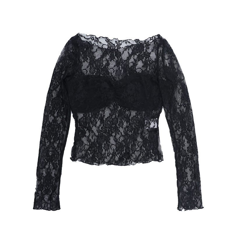 Sexy Sheer Lace Top Long Sleeve Off Shoulder Fitted