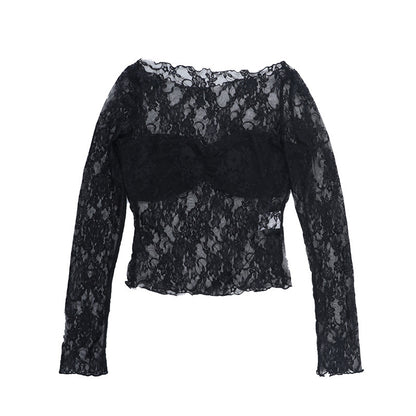 Sexy Sheer Lace Top Long Sleeve Off Shoulder Fitted