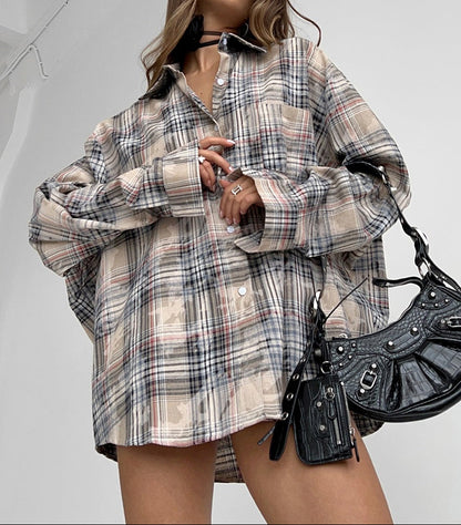 Oversized Plaid Cotton Shacket Long Sleeve Button Up