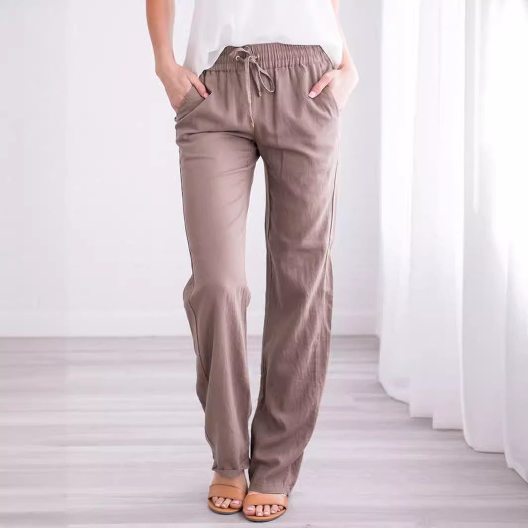 Women's Cotton Linen Drawstring Wide Leg Casual Pants