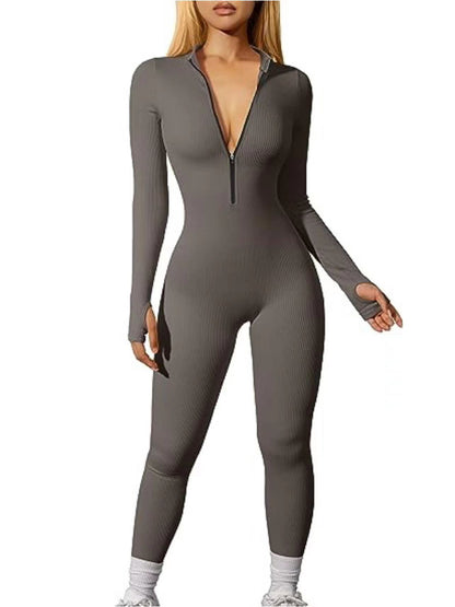 Women's Ribbed Zip Front Long Sleeve Workout Jumpsuit