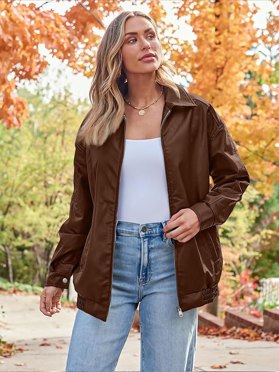 Women's Oversized Faux Leather Moto Jacket Zip Up