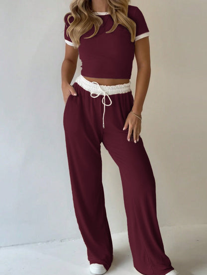 Ribbed Contrast Trim Crop Top Wide Leg Pants Set