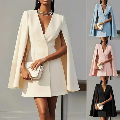 Women Cape Blazer Dress Double Breasted Formal Work Dress