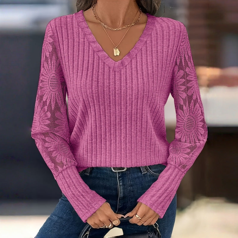 Women's V-Neck Lace Sleeve Ribbed Long Sleeve Top