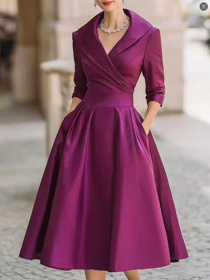 Satin Wrap Dress Long Sleeve Midi A-Line Cocktail