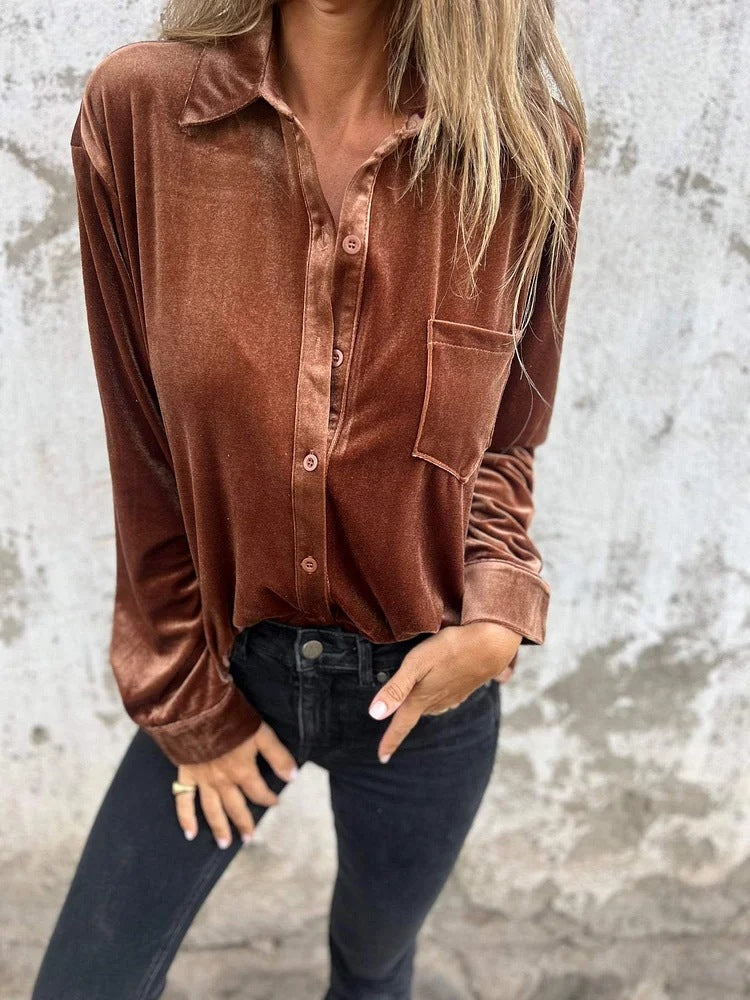 Women's Velvet Button Down Shirt Long Sleeve