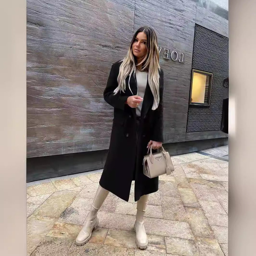 Double Breasted Wool Blend Coat Notched Lapel Tailored Fit