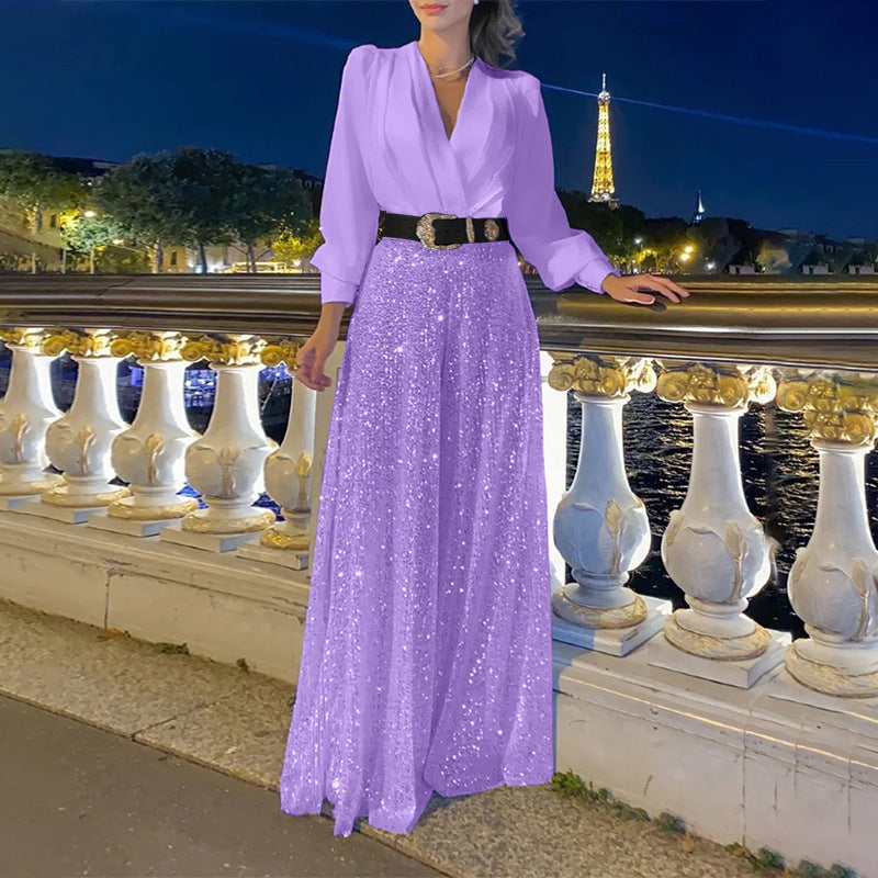 Women's 2 Piece Sequin Wide Leg Pants V Neck Belted Set