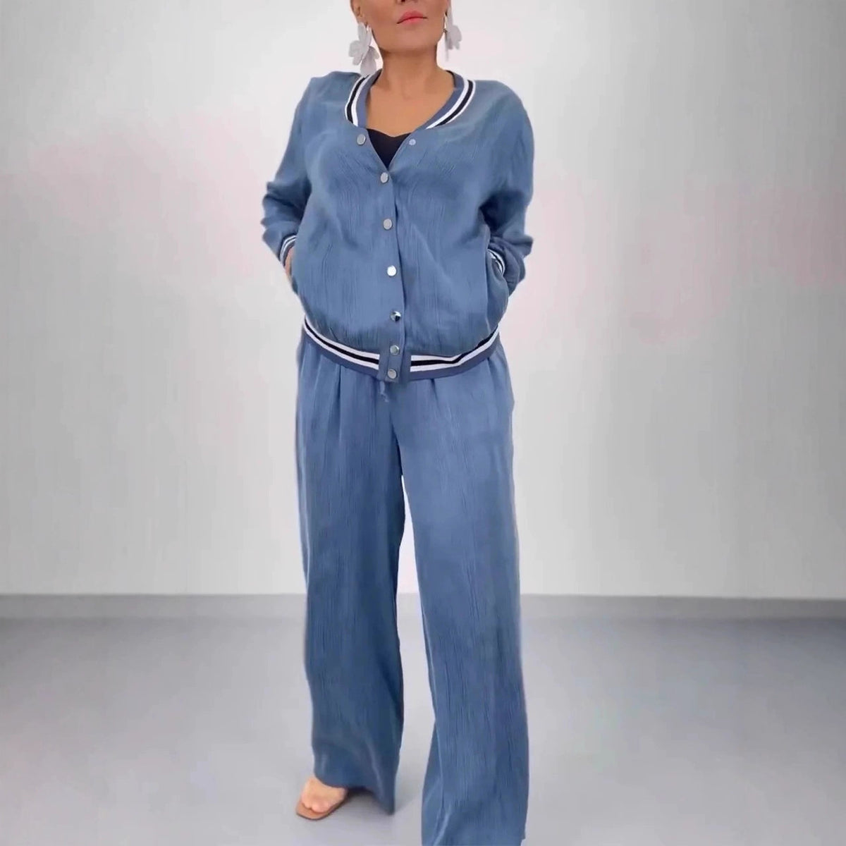 Women Casual Cardigan Wide Leg Pants Matching Set