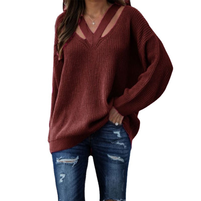 Women's Oversized V Neck Cut Out Knit Pullover Sweater
