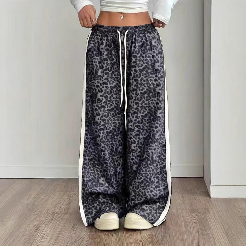 Women Leopard Print Baggy Wide Leg Side Stripe Pants