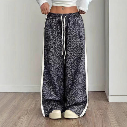 Women Leopard Print Baggy Wide Leg Side Stripe Pants