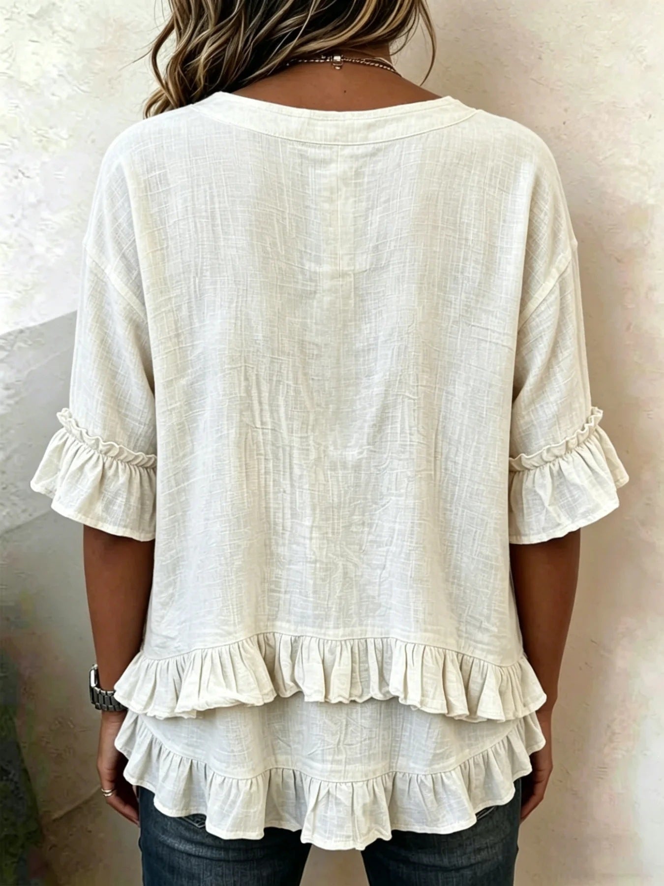 Ruffle V Neck Button Detail Tiered Hem Top