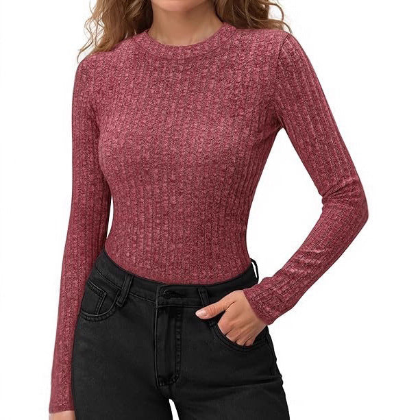 Women's Ribbed Long Sleeve Crew Neck Fitted Top