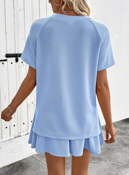 Ribbed Knit Skort Set Short Sleeve Top 2 Piece Outfit