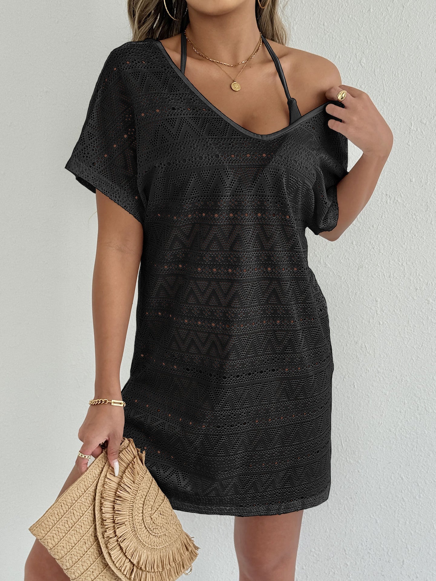 Crochet Swim Cover Up Dress Deep V Beach Coverup Dress