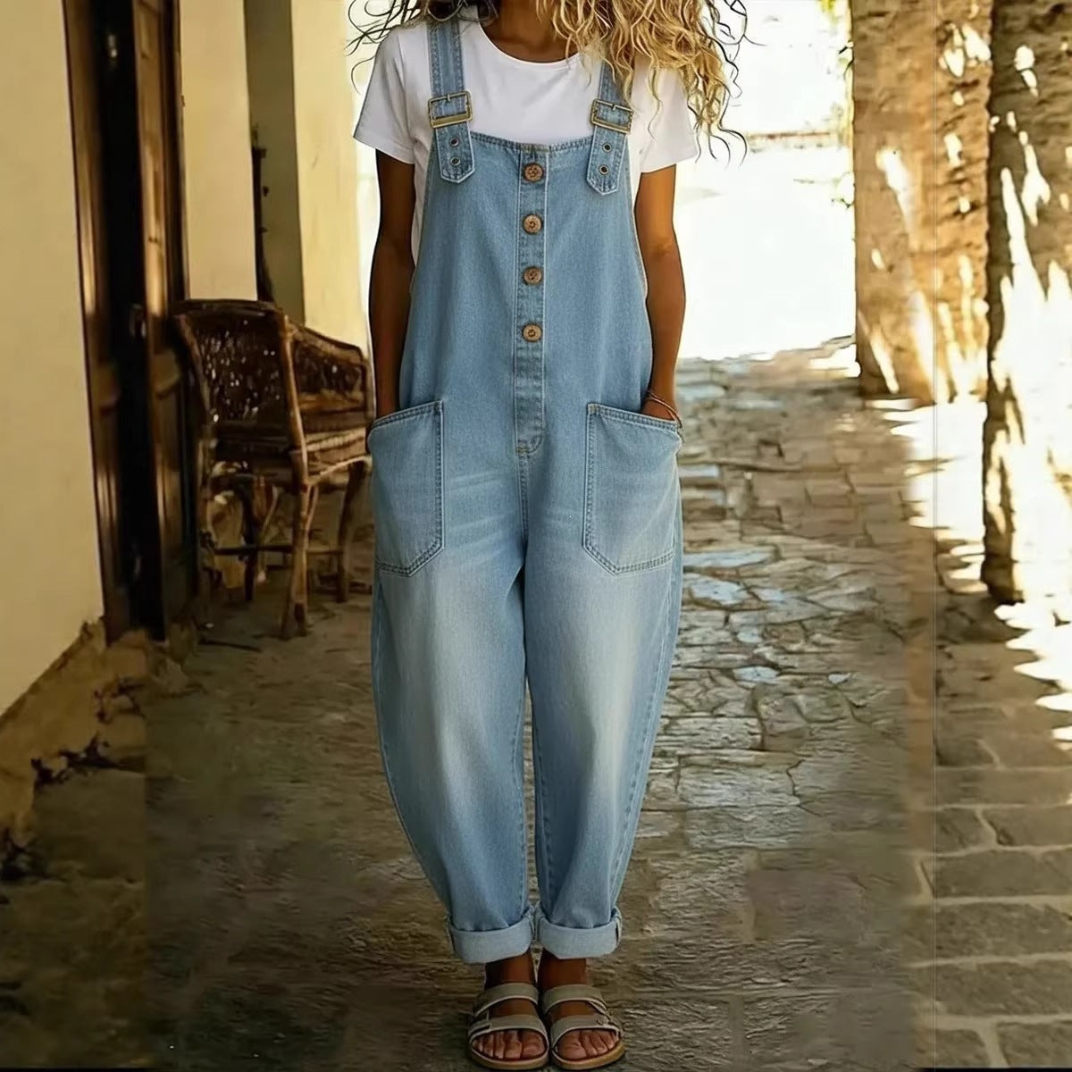 Women's Washed Denim Overalls Adjustable Strap Jumpsuit