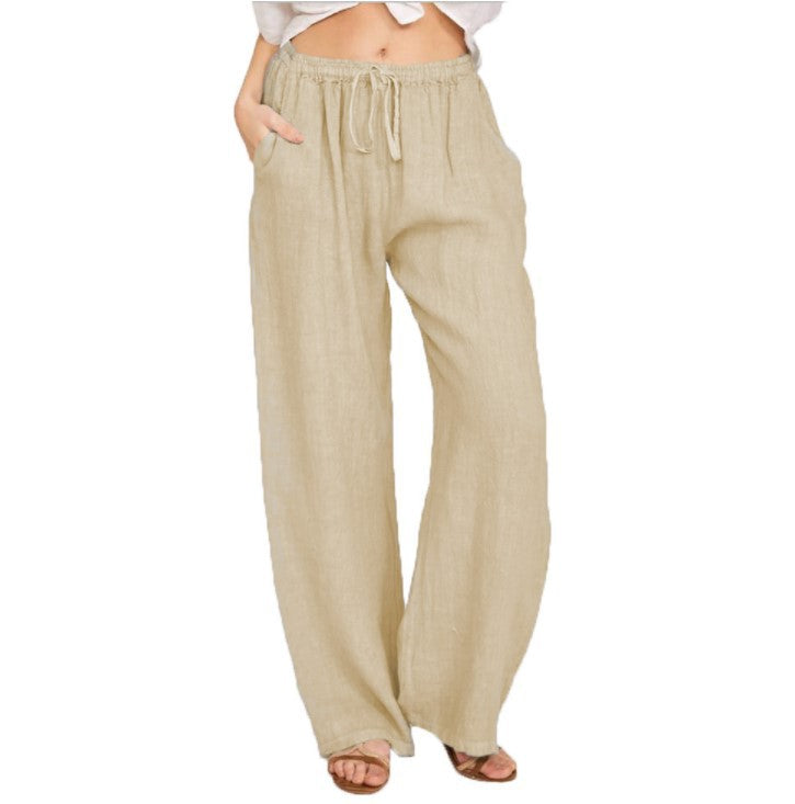 Womens Linen Wide Leg Pants High Waist Drawstring Casual