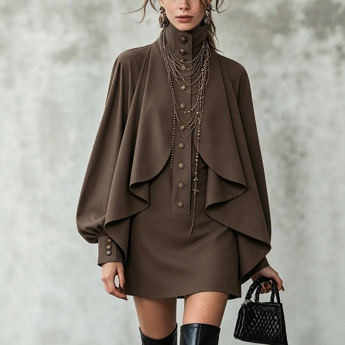 Womens Mock Neck Cape Shirt Dress Puff Sleeve Bodycon Mini