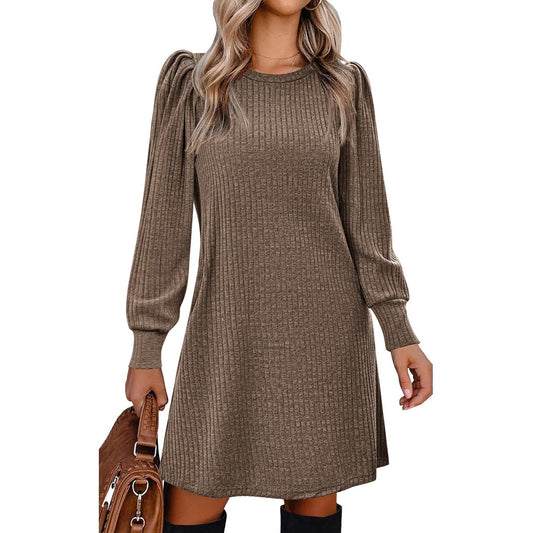 Brushed Rib Knit Long Sleeve Casual A-Line Sweater Dress
