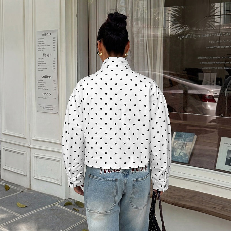 Polka Dot Stand Collar Snap Button Relaxed Jacket