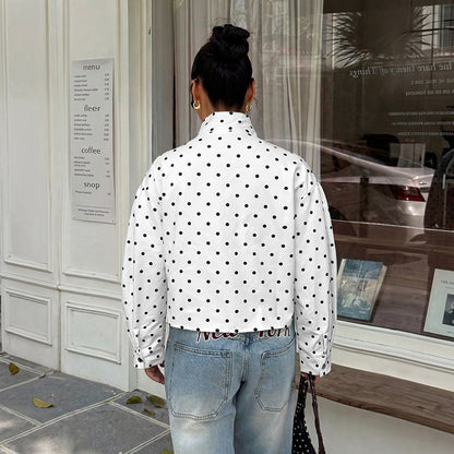 Polka Dot Stand Collar Snap Button Relaxed Jacket