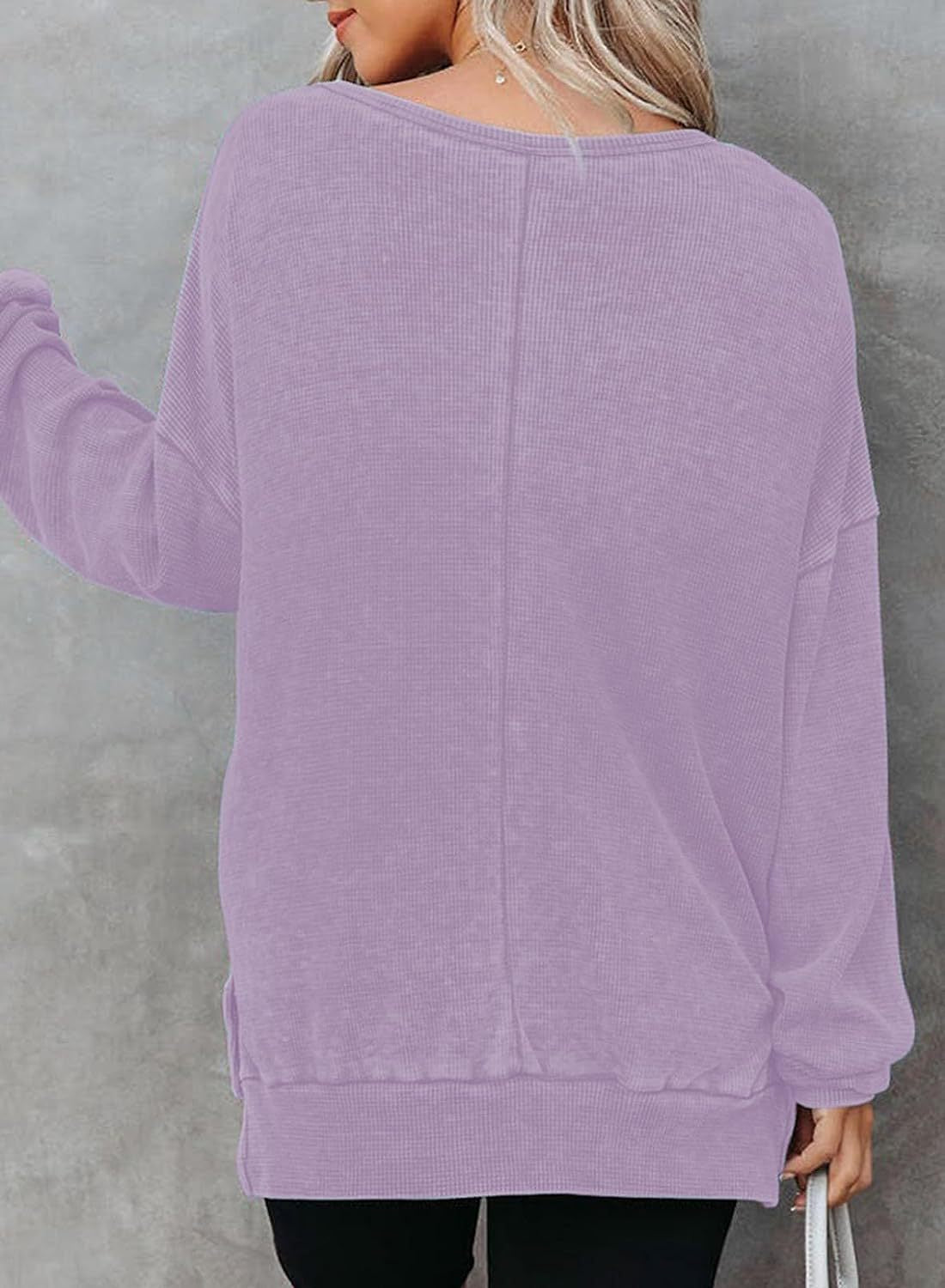 Waffle Split Hem Sweatshirt Women Casual Long Sleeve Top