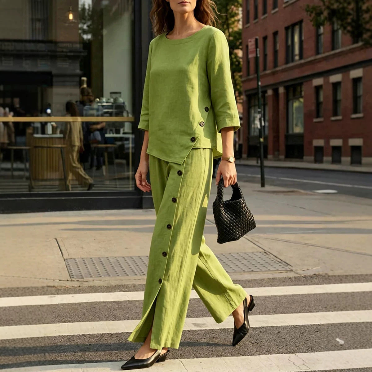 Women's Linen Cotton 2 Piece Set Wide Leg Pants Summer
