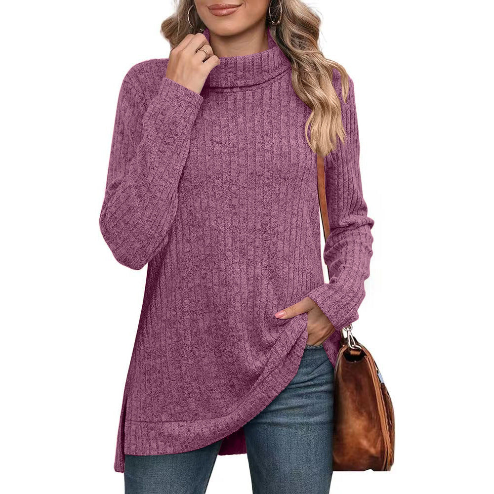 Oversized Ribbed Turtleneck Tunic Top Side Split