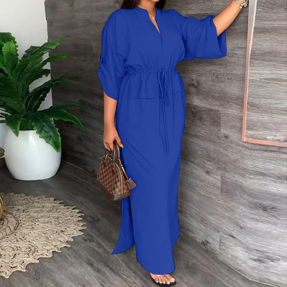 Women's V-Neck Tie Waist Maxi Dress Plus Size