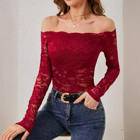 Women's Off-Shoulder Lace Slim-Fit Long-Sleeve Top