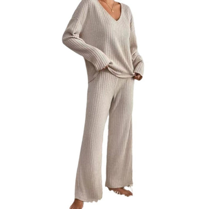 Ribbed Knit V-Neck Top Wide Leg Pants Two Piece Set