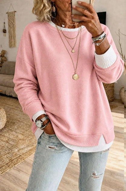 Oversized Layered Crewneck Sweatshirt Side Slit Ribbed