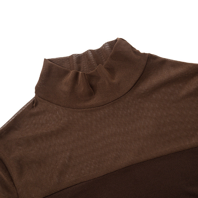 Sexy Sheer Mesh Mock Neck Long Sleeve Crop Top