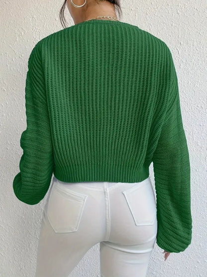 V-Neck Balloon Sleeve Oversized Knit Pullover Sweater