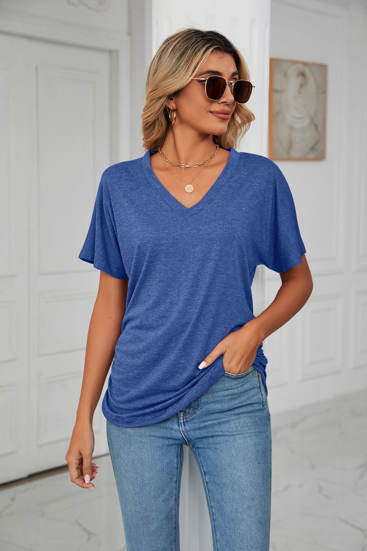 Casual V Neck Loose Fit Short Sleeve T Shirt