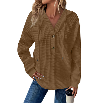 Women's Quilted V-Neck Button Hoodie Oversized Pullover