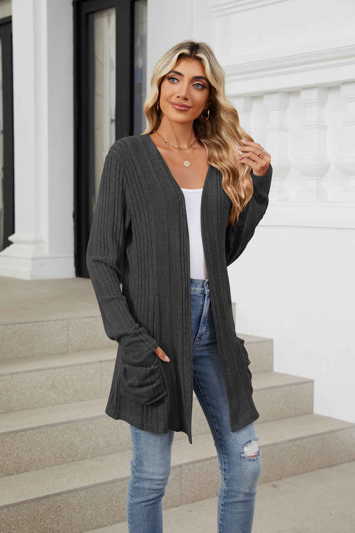 Women's Long Sleeve Ribbed Open Front Cardigan Pockets